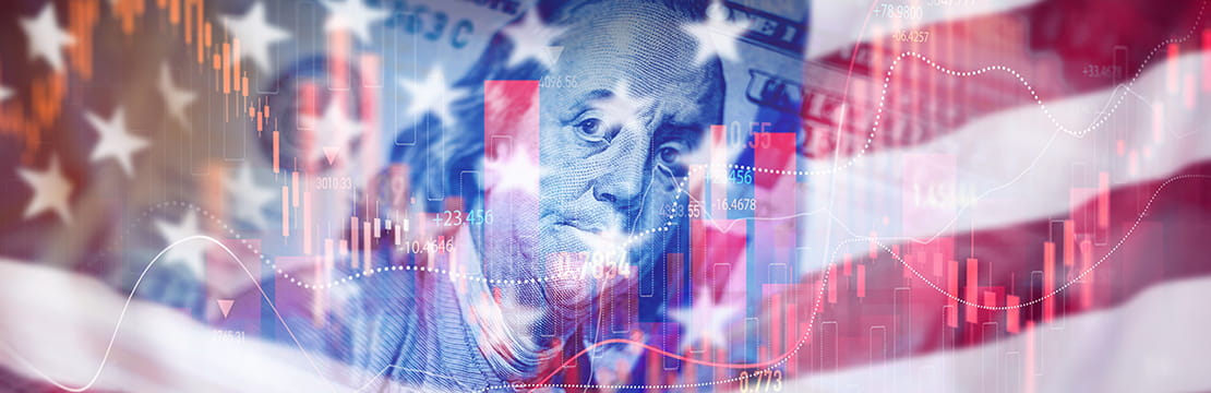 Trading graph with american flag is damage.Effect of recession US economy