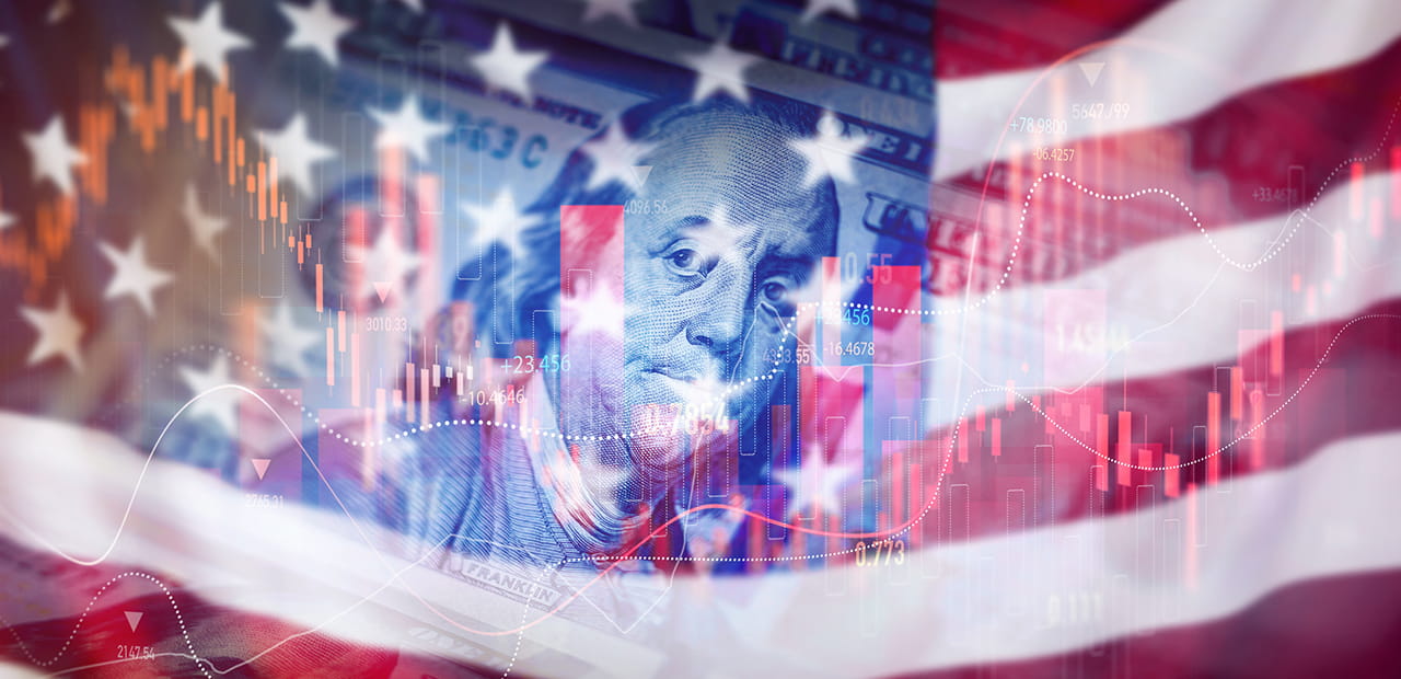 Trading graph with american flag is damage.Effect of recession US economy