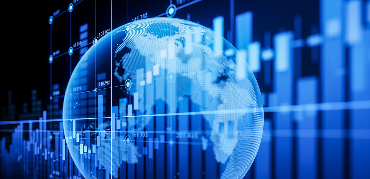 Transparent globe image super imposed on stock chart.