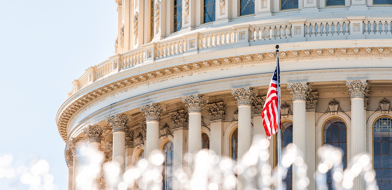 The flag of the United States of America flying in front of the capitol building blurred in the background.