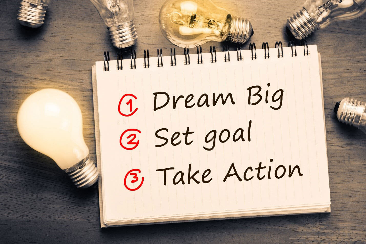 A wooden desk with a horizontal notepad surrounded by lightbulbs that reads 1 Dream Big, 2 Set goal, 3 Take Action
