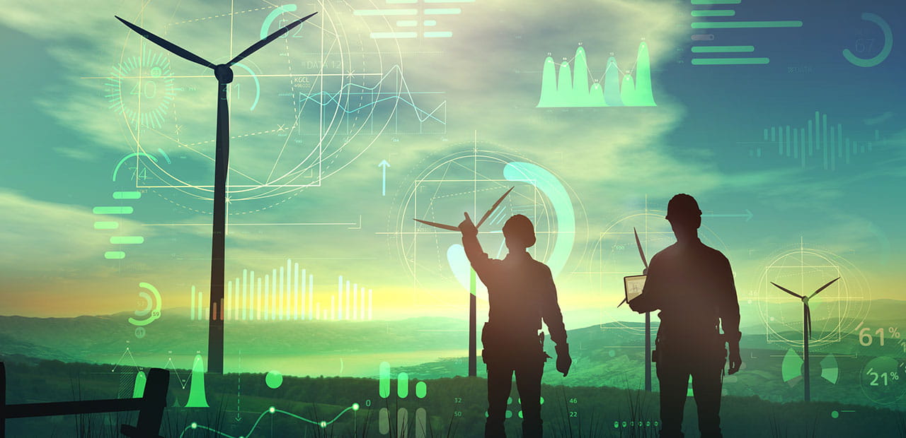 An abstract image consisting of numbers and graphs with two workers pointing at wind turbines in a field.