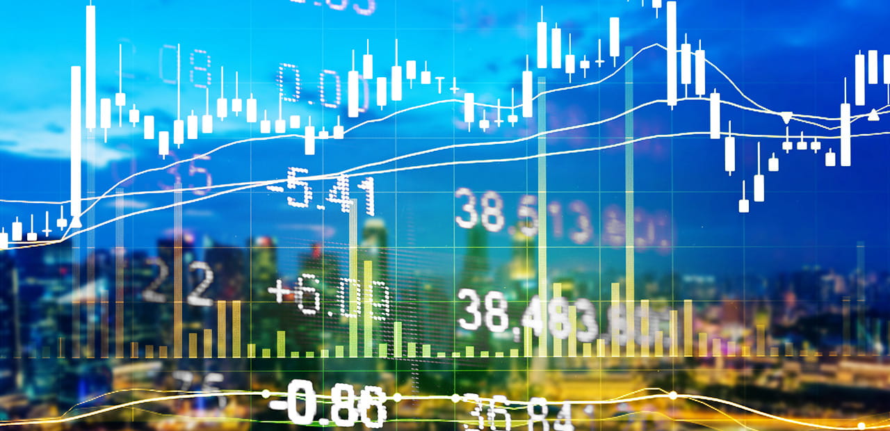 Financial information in figures on stock market ticker.