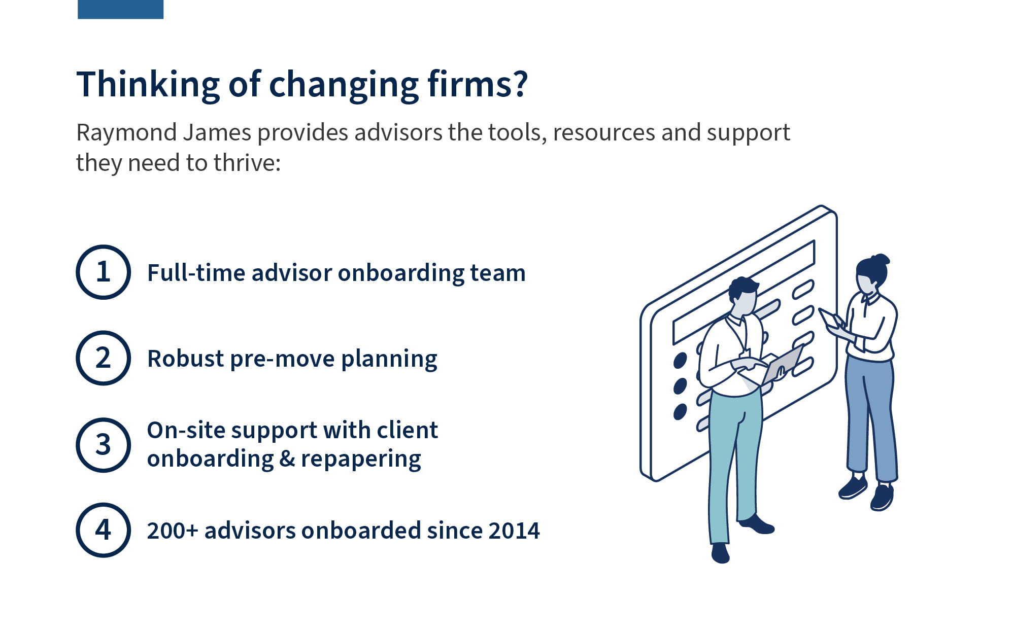 Thinking of changing firms? Raymond James provides advisors the tools, resources and support they need to thrive: 1.	Full-time advisor onboarding team 2.	Robust pre-move planning 3.	On-site support with client onboarding and repapering  4.	200+ advisors onboarded since 2014