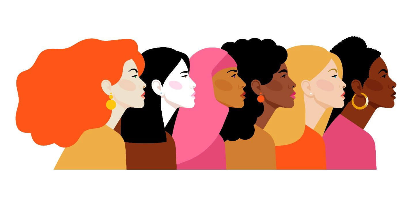 An illustration of many different types of women looking right
