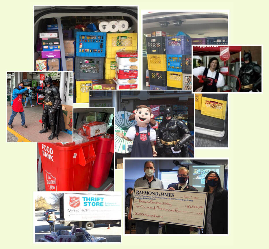 A collage of pictures from community events for the Salvation Army featuring Batman and Francis Cheng
